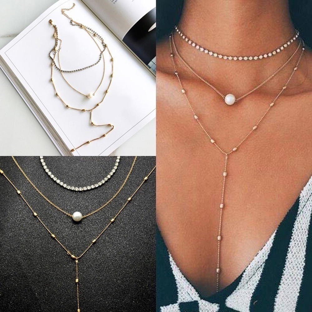 Hu Hu Hu Hu Hu Alat Bantu Pasang Kacamata♡ Kalung Choker Rantai Banyak Lapis Aksen Mutiara Berlian Imitasi Untuk Wanita