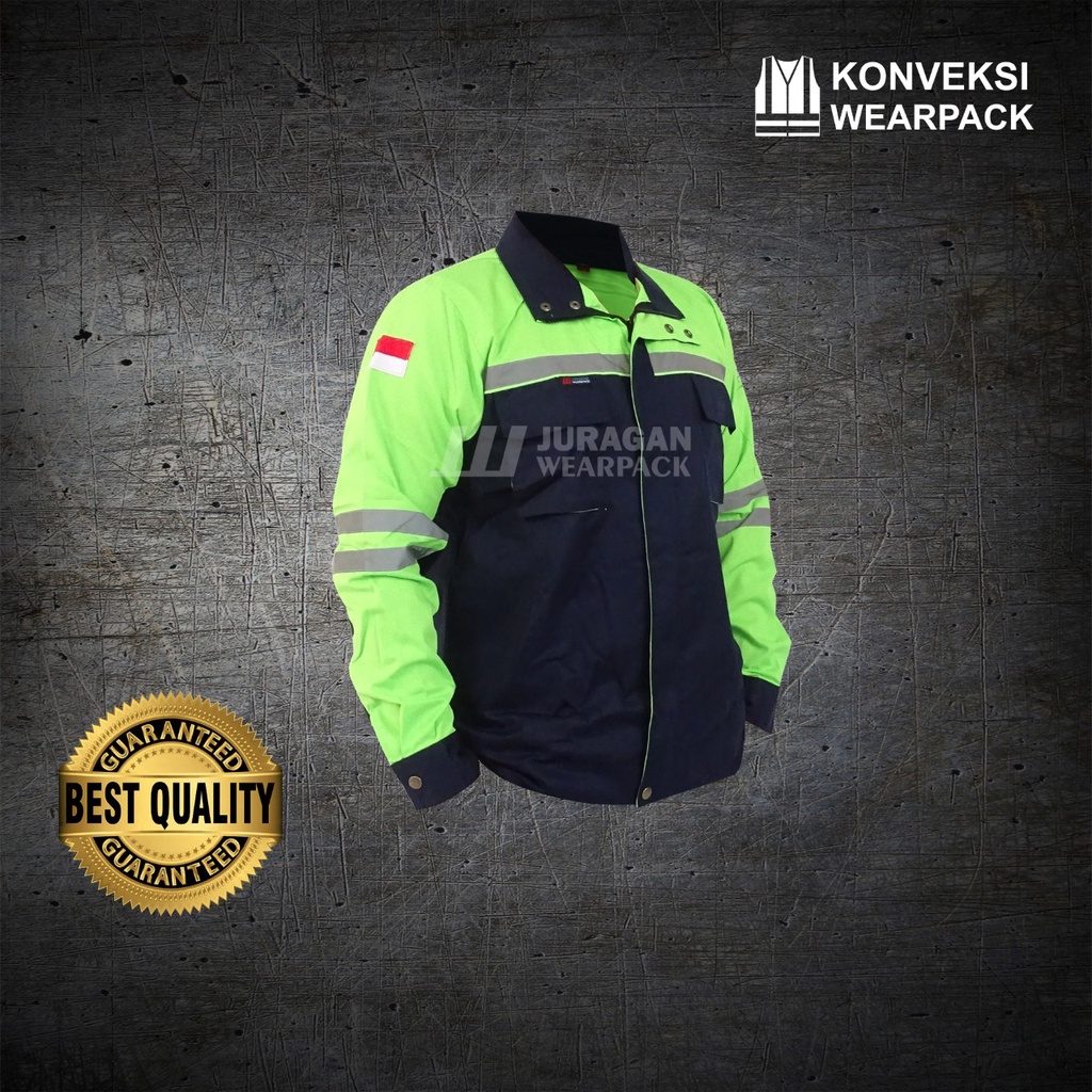 Jaket Safety Warna Hijau Stabilo Kombinasi Biru Navy