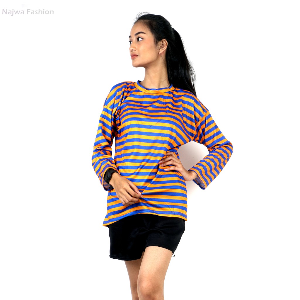 VS - Kaos T-Shirt Model Longgar Round Neck Motif Garis Gaya Korea untuk Wanita