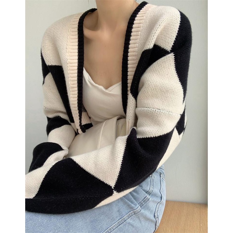 cardigan wanita rajut crop korean style Kotak-kotak lengan panjang loose knitwear