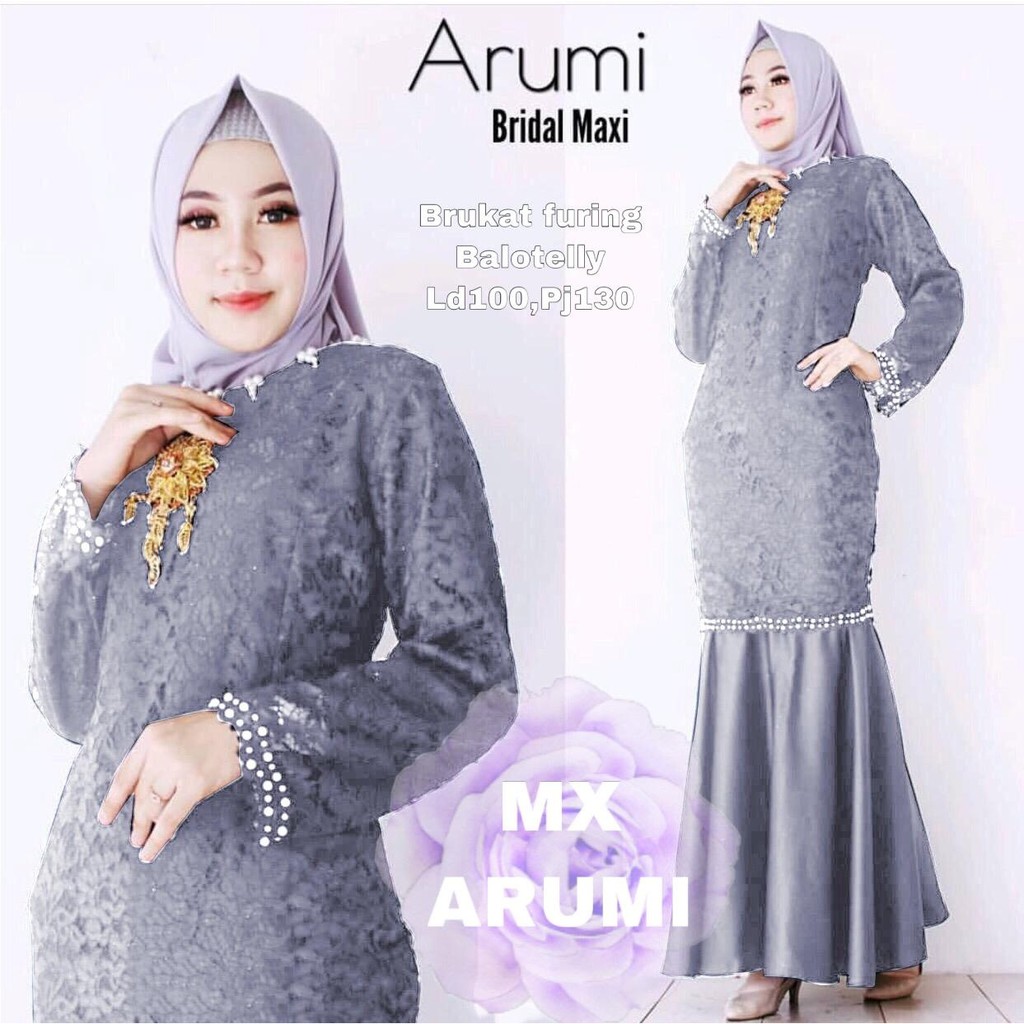 MAXI ARUMI  / MAXI DRESS BRUKAT APLIKASI MUTIARA / PAKAIAN PESTA WANITA / DRESS LEBARAN BRUKAT MUTIARA