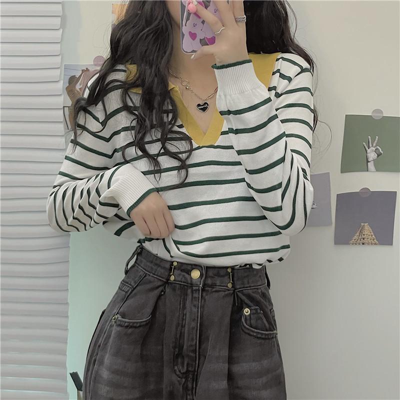 Kaos Rajut Stripe Atasan Wanita Rajut Korean Style Lengan Panjang Wanita Kaos Garis Garis Wanita