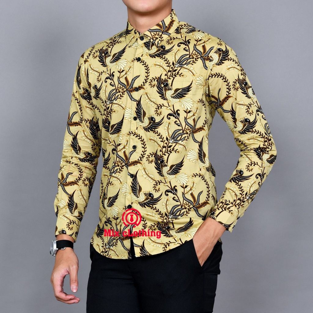 New Premium Baju Kemeja Batik Pria Slimfit Lengan Panjang 1721 Cream-Kuning