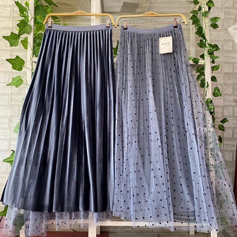 rok tutu bolak balik bahan velvet tille motif polkadot 4 warna ori import