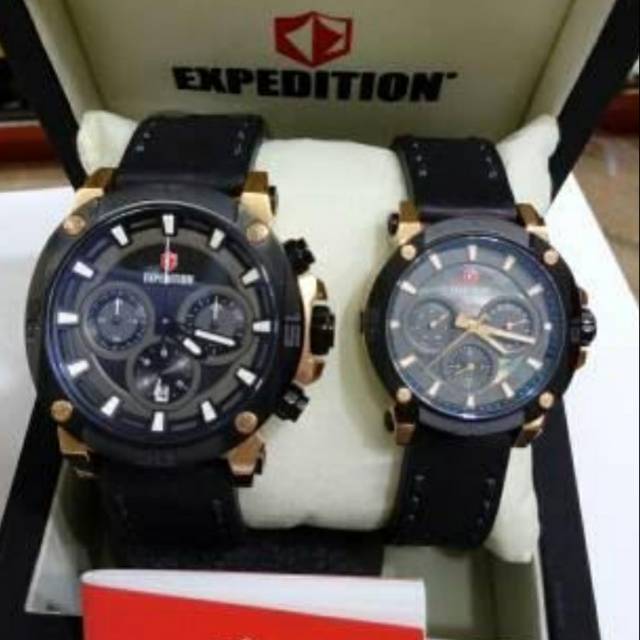 Jam tangan expedition e6606 couple black rose gold leather original