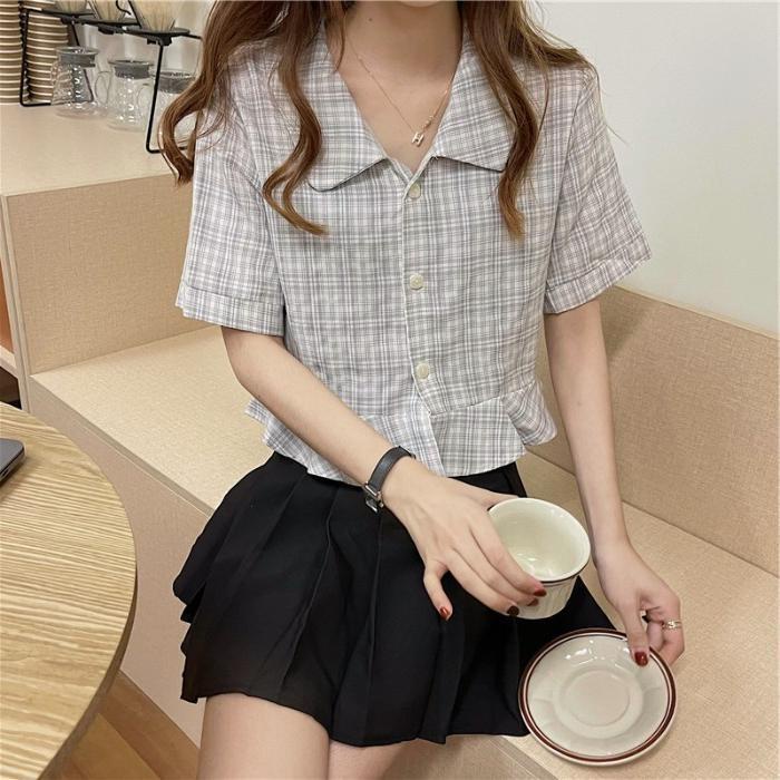 MOOGU ♡ Kemeja lengan pendek wanita gaya korea atasan pendek kotak-kotak