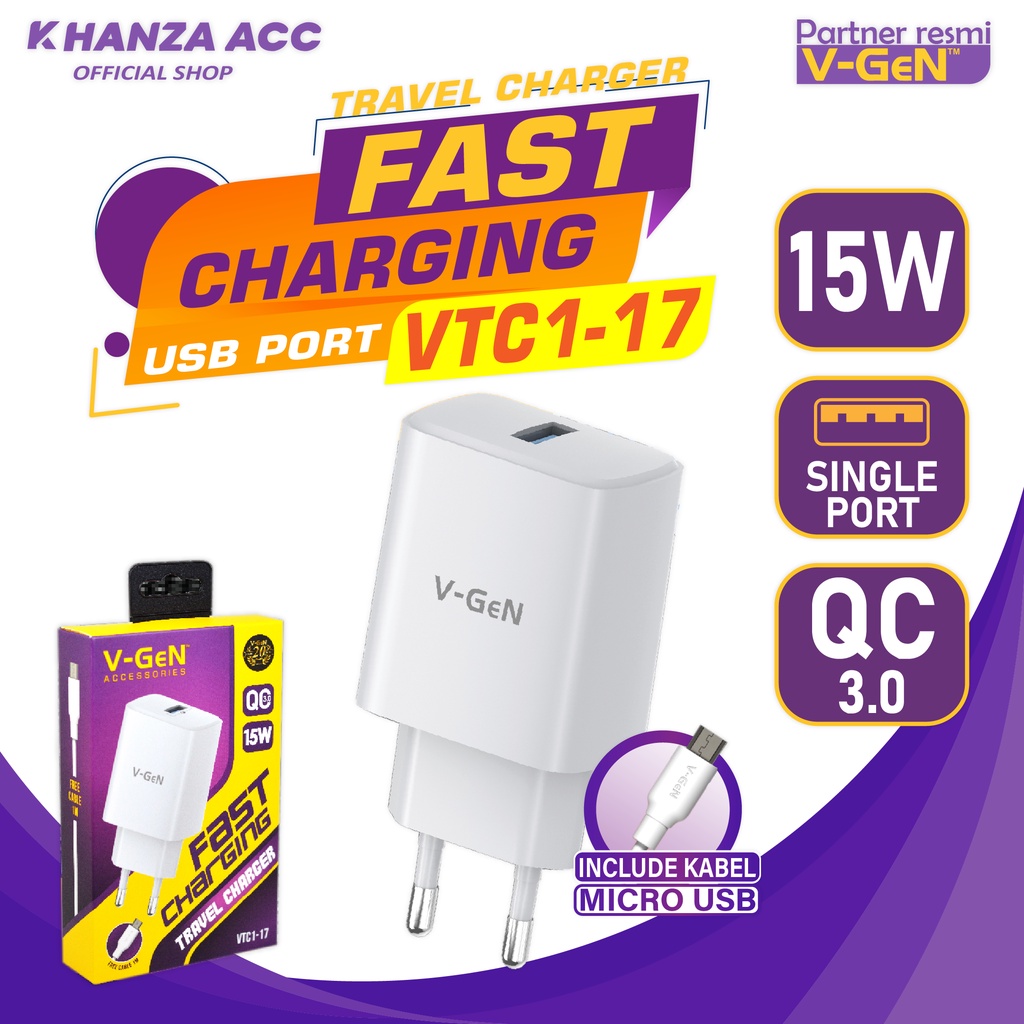 KHANZAACC VGEN VTC1-17 Travel Charger Single USB Port QC 3.0 15W Include Micro Cable