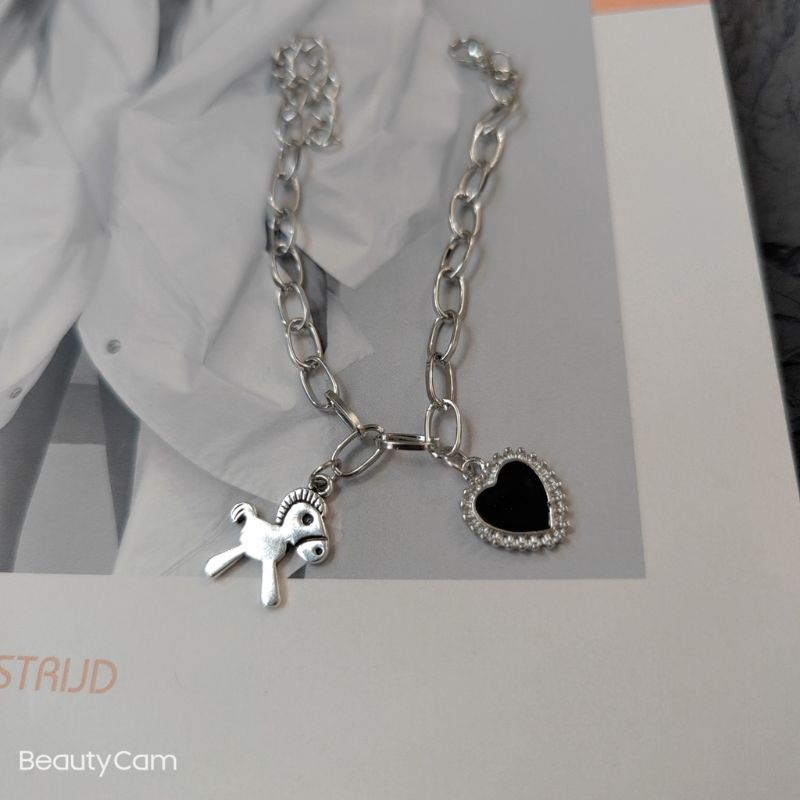 FerenHongXia Vintage Simple Pony Pendant Bracelet Spade Heart Thick Chain Bracelet Gelang Pony