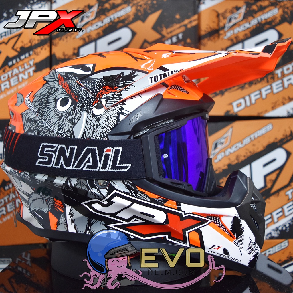 HELM JPX CROSS_FOX1 SERI X13 - FLUO RED GLOSS + GOOGLE SNAIL (ONGKIR 2 KG) JPX X13 STABILO OREN JPX ORANGE HELM CROSS MOTIF BURUNG HANTU JPX OWL HELM JPX TERBARU