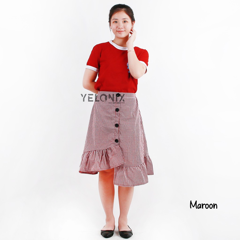 YELONIX - Rok ZENIA Skirt Tartan Kotak Ruffle-PENDEK MAROON