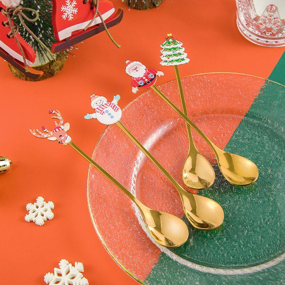 Suyo 4Pcs / Set Sendok Aduk Teh Bahan Stainless Steel Tema Natal Untuk Anak