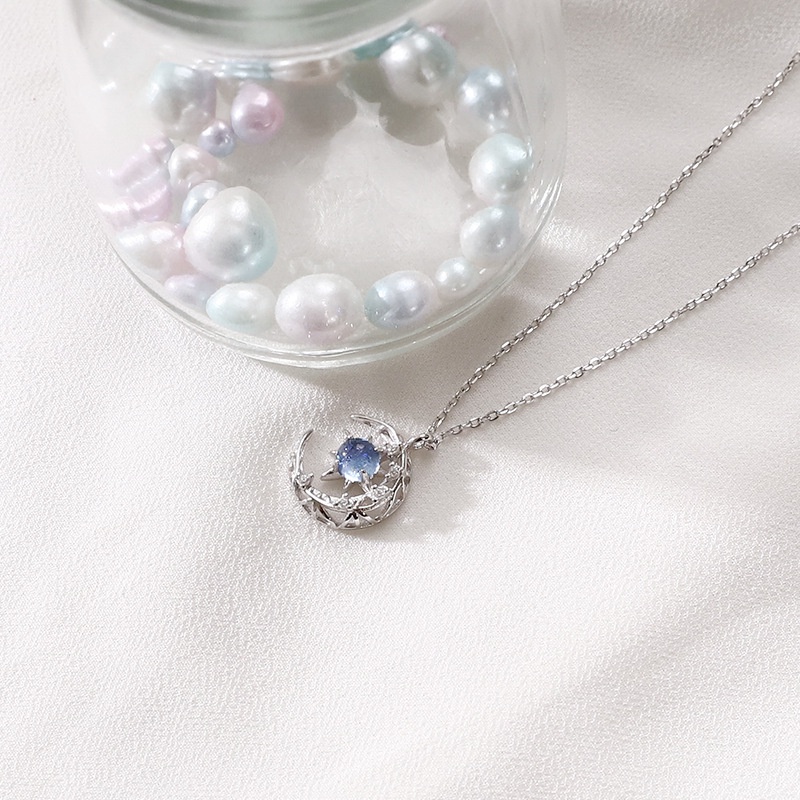 Kalung Liontin Bulan Bintang Biru Model Hollow Gaya Korea Untuk Wanita