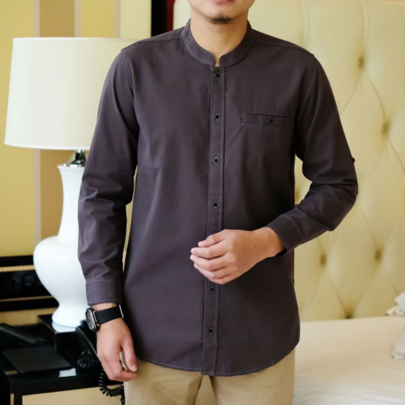 KEMKO PRIA LENGAN PANJANG BAHAN FULL COTTON WASHING KEMEJA KOKO WARNA HITAM ARMY MAROON TAN M L XL