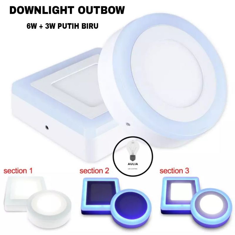 Lampu LED Downlight 9w Outbow Putih Biru 6w + 3w 6 3 Watt Kotak Bulat Kuning Dak cor plafon Hias 2 warna OB