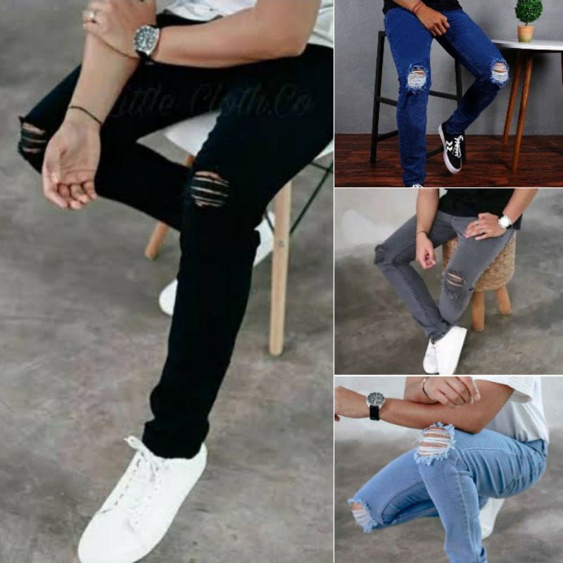 Celana Jeans Pria sobek lutut robek ripped destroy premium softjeans streetch melar slimfit skinny - Lesvaringo