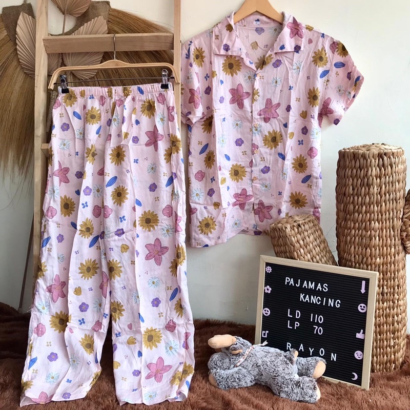SETELAN LENGAN PENDEK PIYAMA BAJU TIDUR WANITA CEWEK BUSUI ONE SET RAYON MOTIF-KCPJ Flow Pink
