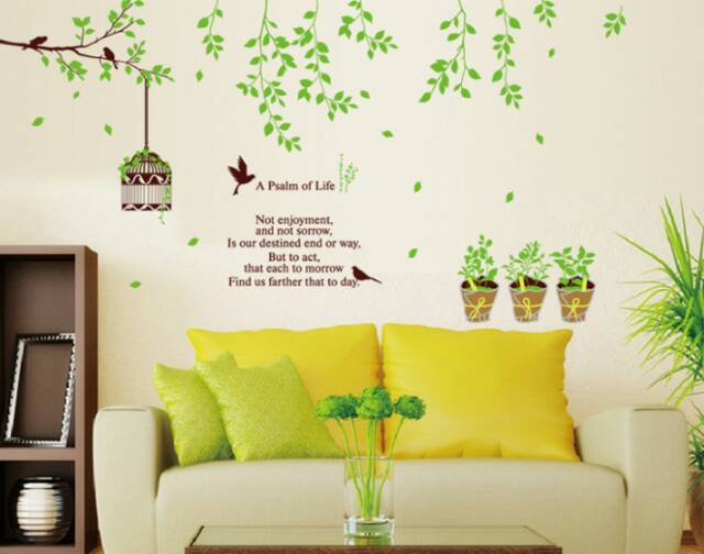 RELIZA WALLSTICKER RANTING RENDA RUMBAI HIJAU SANGKAR CAGE BIRD POT STIKER DINDING AY9035