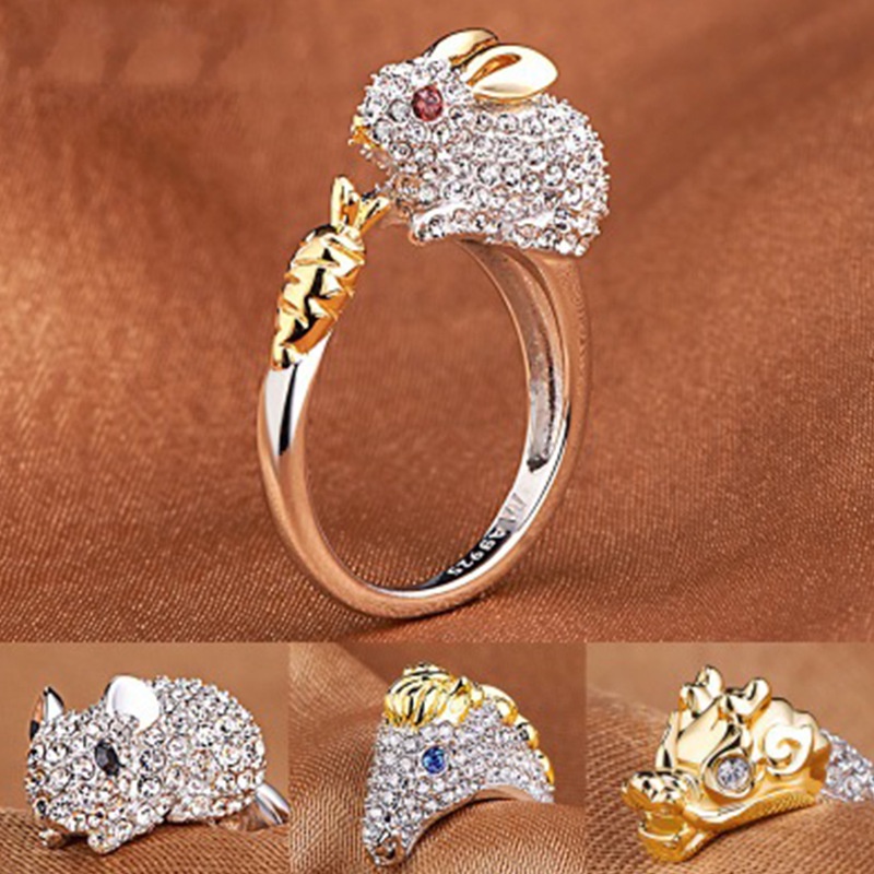 12 Zodiak Cincin Pertunangan Berlian Hewan Lucu Fashion Pria dan Wanita