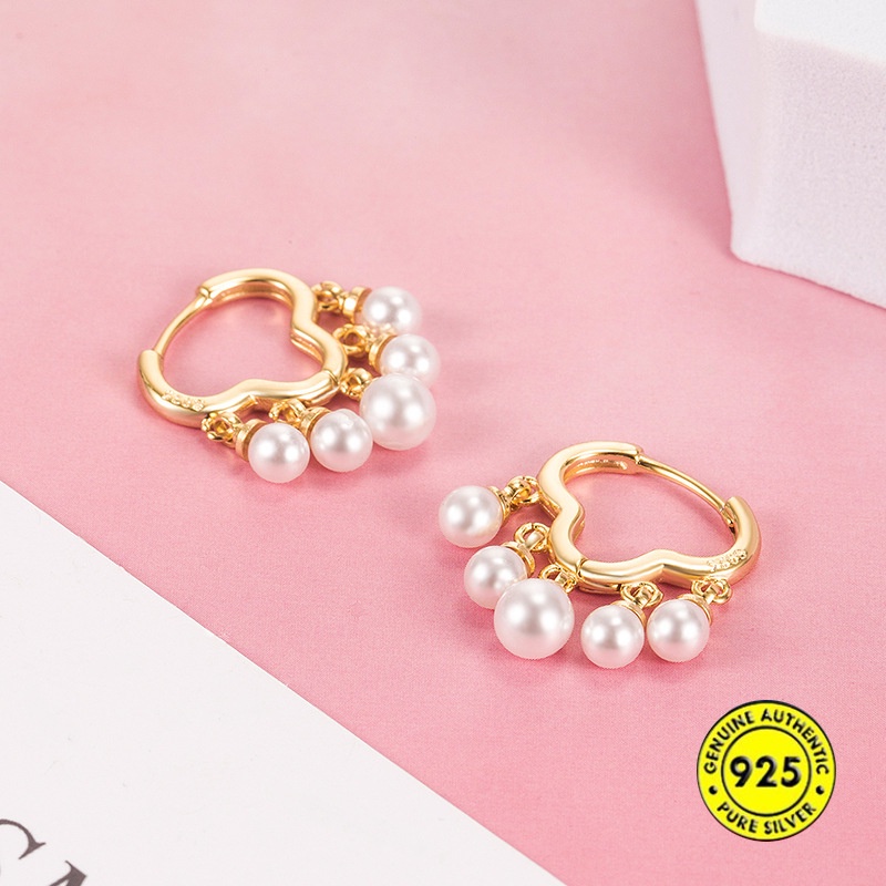 Anting Klip Telinga Lapis Emas 18K Hias Liontin Rumbai Mutiara Bahan Sterling Silver Anti Karat