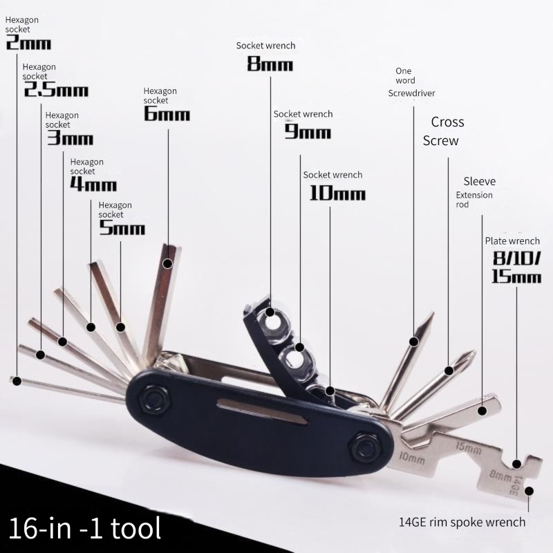 (Tempat, dikirim dari Jakarta)Multifungsi lipat obeng portabel kombinasi heksagonal set kunci pas 16 in 1 sepeda sepeda motor sepeda motor listrik perbaikan alat kunci pas