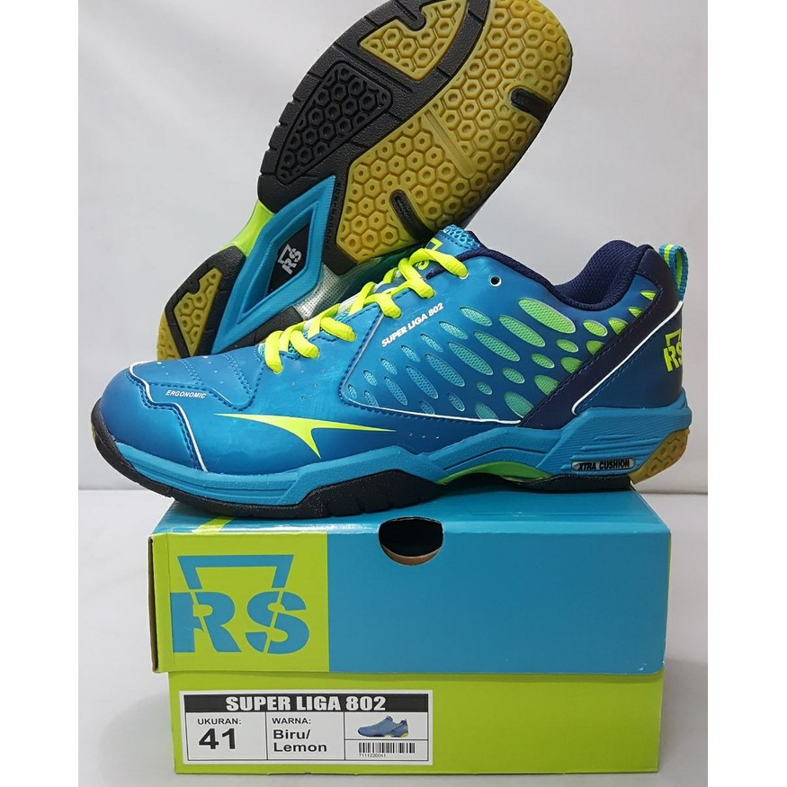 PROMO ORIGINAL RS SUPER LIGA 802 BLUE LIME SEPATU BADMINTON TERLARIS