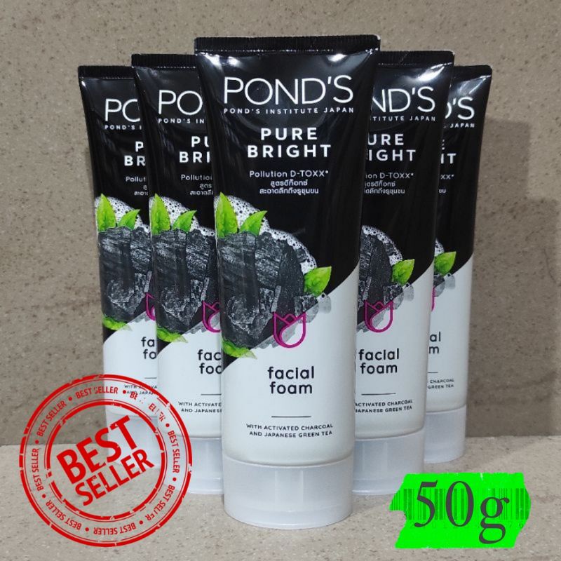 Pond's Pure Bright Facial Foam with Activated Charcoal &amp; Japanese Green Tea 50gr - ponds hitam