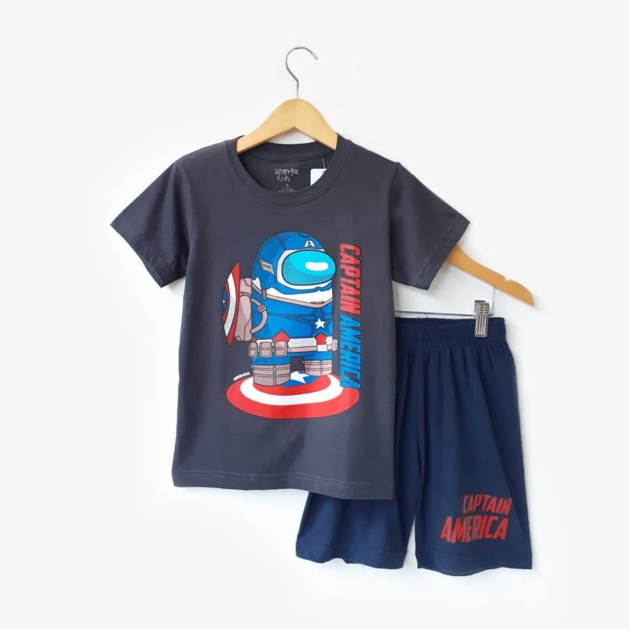 Setelan Anak Laki Among Us Captain America Ammigoz Kids Size 4y / Kado Baju Celana Katun Anak Adem M