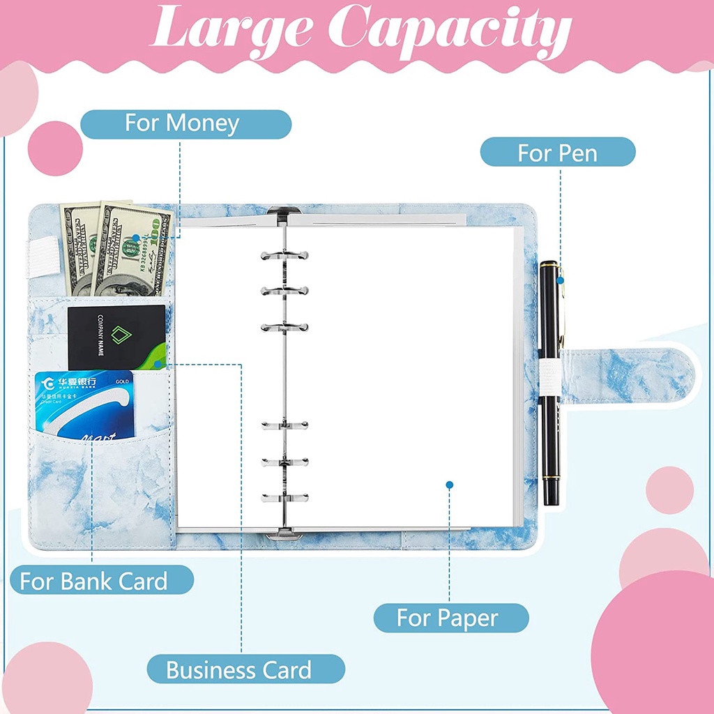 A6 Marmer Binder Cover Dengan 12pcs PVC Kantong Ritsleting Tahan Air Marbling PU Cover Perencana Anggaran Kertas Kas Amplop NoteBook