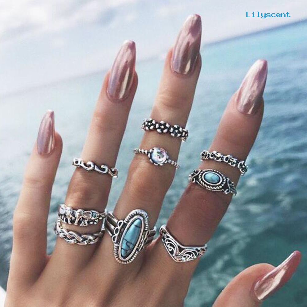 9pcs / Set Cincin Buku Jari Aneka Bentuk Warna Silver Gaya Boho Untuk Wanita