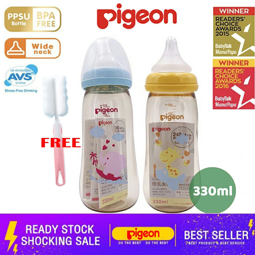 Pigeon Botol Susu Pigeon Leher Lebar 330ml Bahan PPSU Dengan Dot Peristaltik