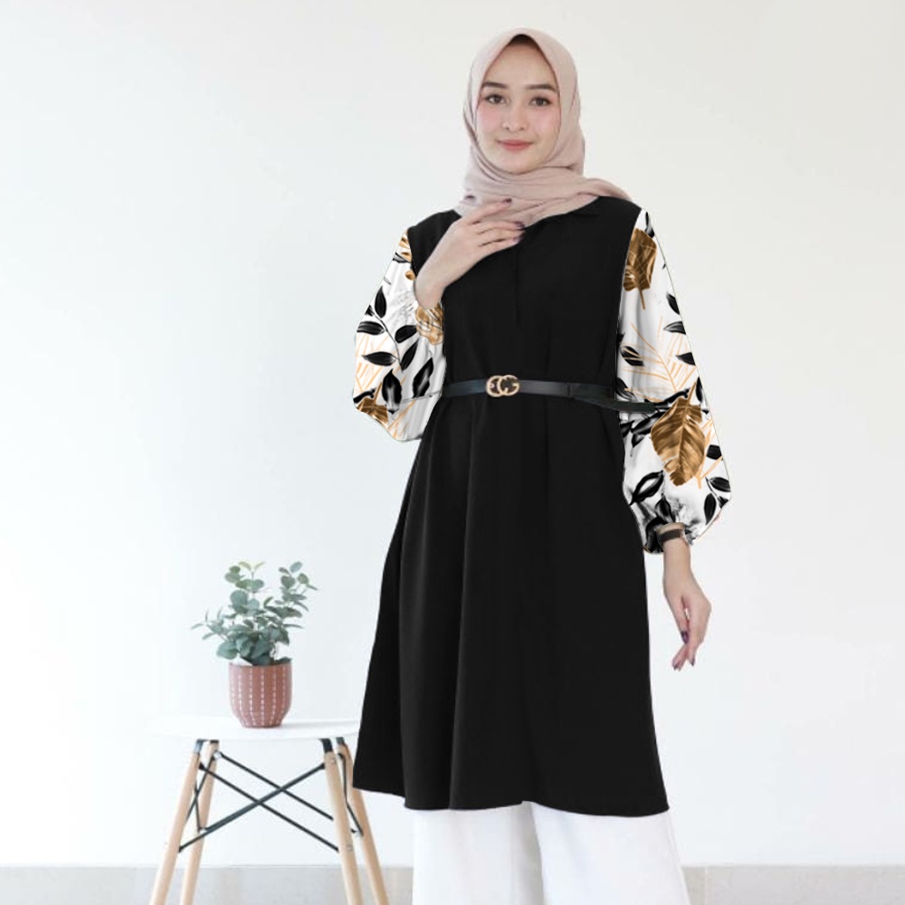 Tunik Jumbo - Gamis Wanita Kekinian - Baju Atasan Wanita - Bungaz Motif Gabungan - Lexoir-Bungaz Tunik Hitam