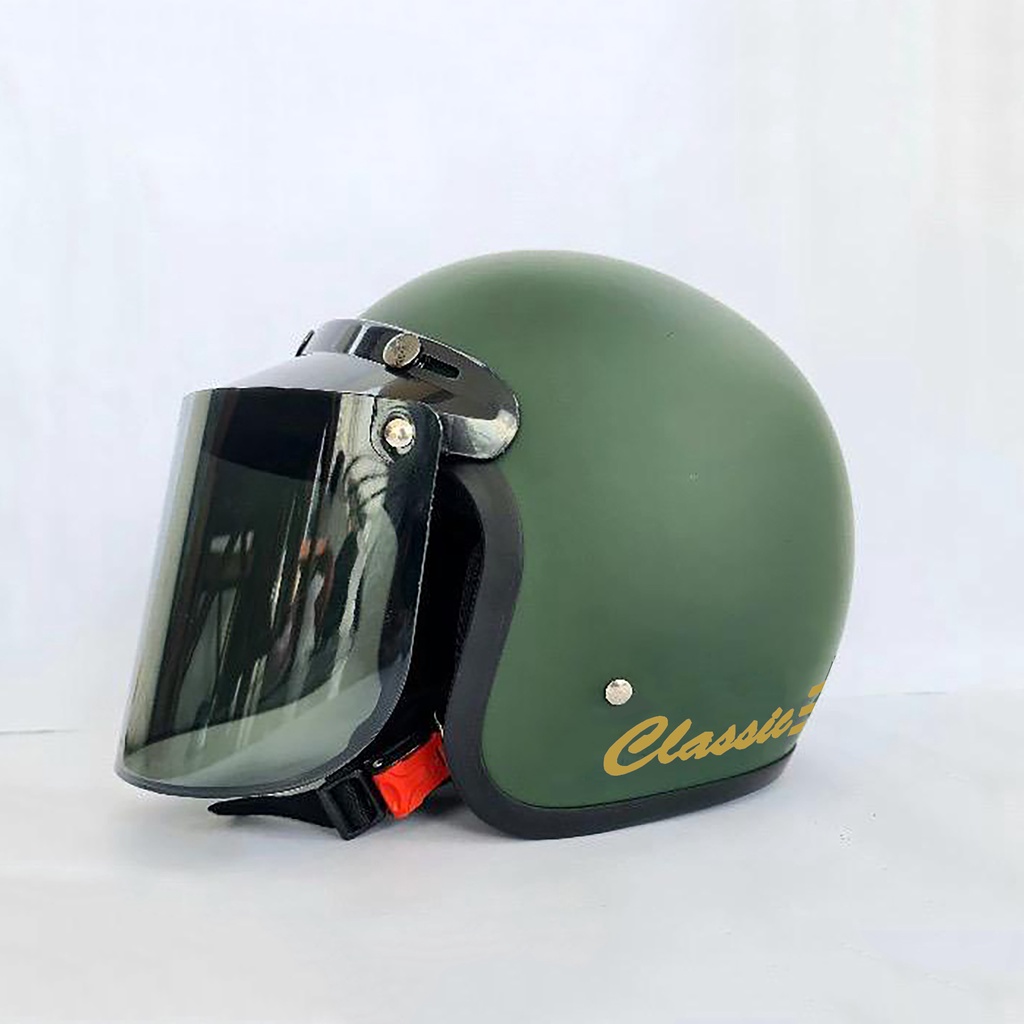 HELM BOGO DEWASA CLASIC GARIS DEWASA POLOS GARIS KACA FLAT DATAR DAN KACA CEMBUNG-army doff