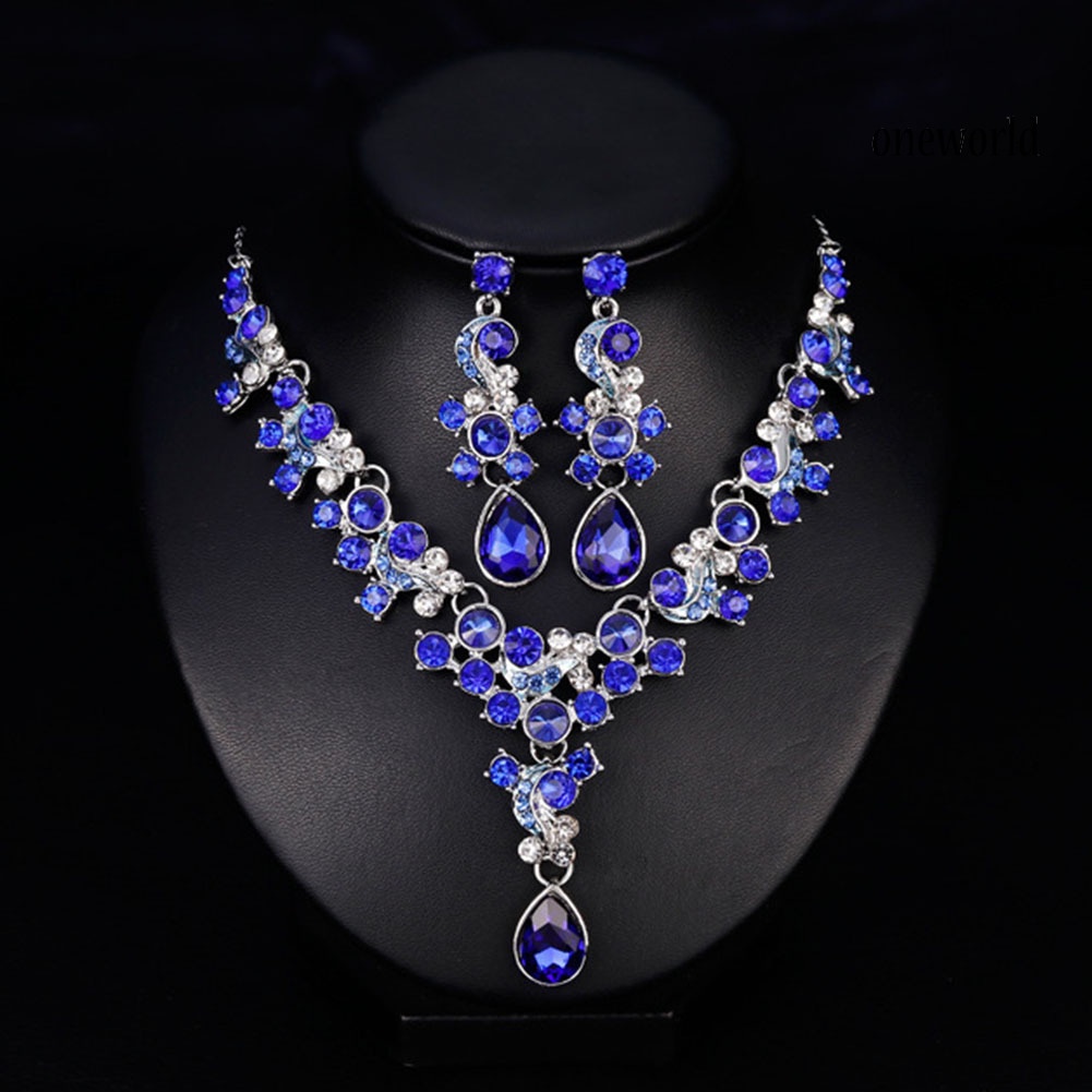 OW@ Luxury Women Rhinestone Flower Necklace Ear Stud Earrings Wedding Jewelry Set