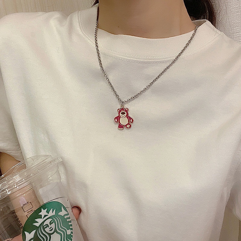 Kalung Rantai Klavikula Desain Beruang Warna Pink Gaya Hip Hop