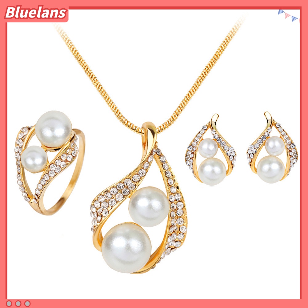 Bluelans Wedding Bridal Imitation Pearl Rhinestone Hollow Stud Earrings Ring Necklace Set