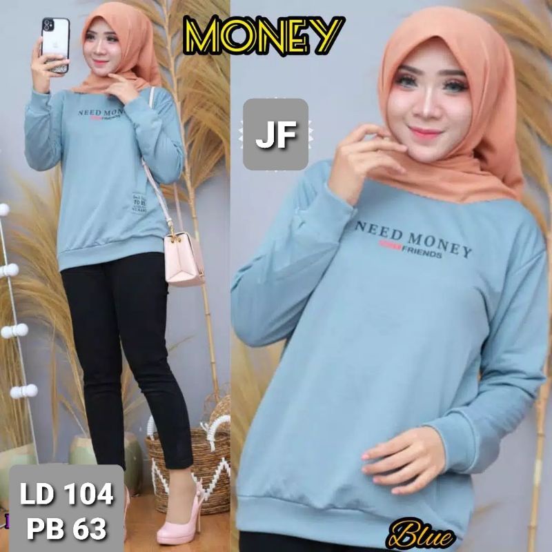 JF Atasan Kaos Lengan Panjang Wanita /  Sweater Babyterry Wanita Muslimah Terbaru MONEY