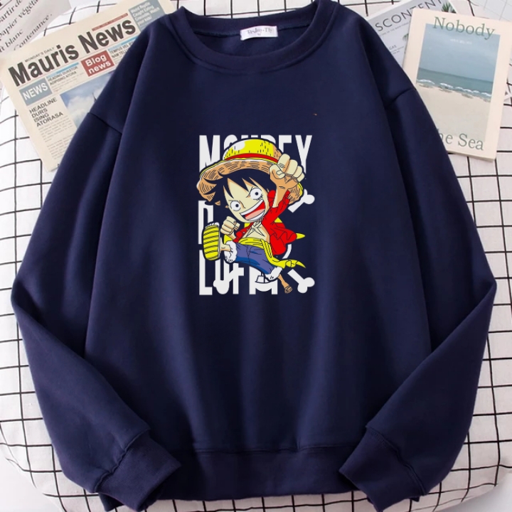 Sweater Basic Dewasa Anime One Piece Monkey D Luffy LF001 Print DTF Bahan Fleece Tebal Halus