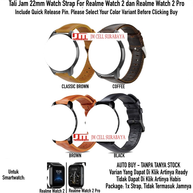 Tali Jam 22mm Watch Strap Realme Watch 2 / Pro - Genuine Leather Kulit