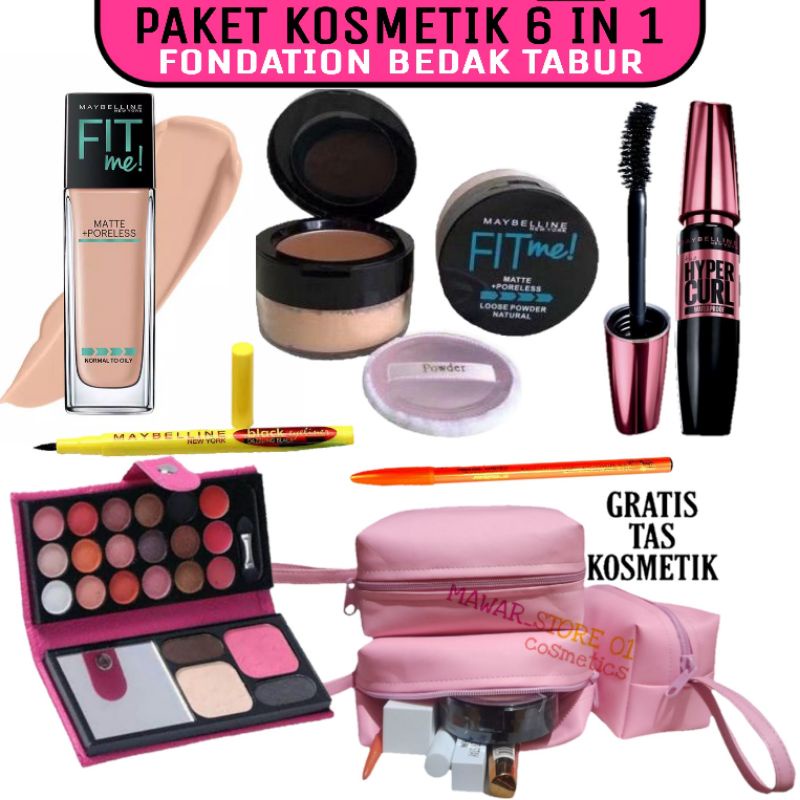 Paket Kosmetik Set Maybelline Hemat Komplit 6 in 1 Bedak Tabur  - Gratis Tas Kosmetik