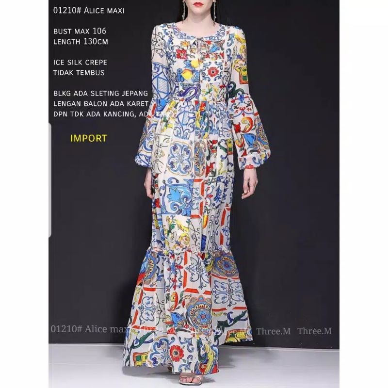 01210 Maxi Dress Import lengan trompet Baju Casual import wanita Maxi Dress Motif Blue ice Biru muda