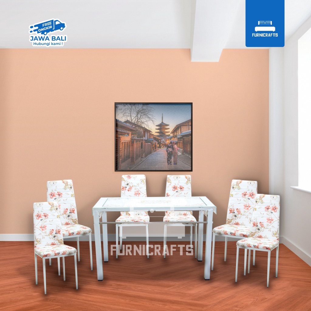 MEJA MAKAN SET METAL KACA + 6 KURSI FLORENCE DT PUTIH