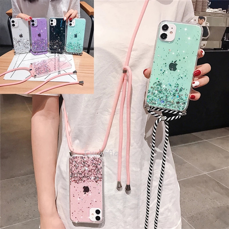 Kotak Lanyard Case OPPO A53 A33 Realme 5/5i F5/A73/A75/A37/A77/A79/A83/A39/A53 2020/A71/A57 fashion flash chips 6 Warna Dengan Tali Lanyard case Untuk oppo RENO