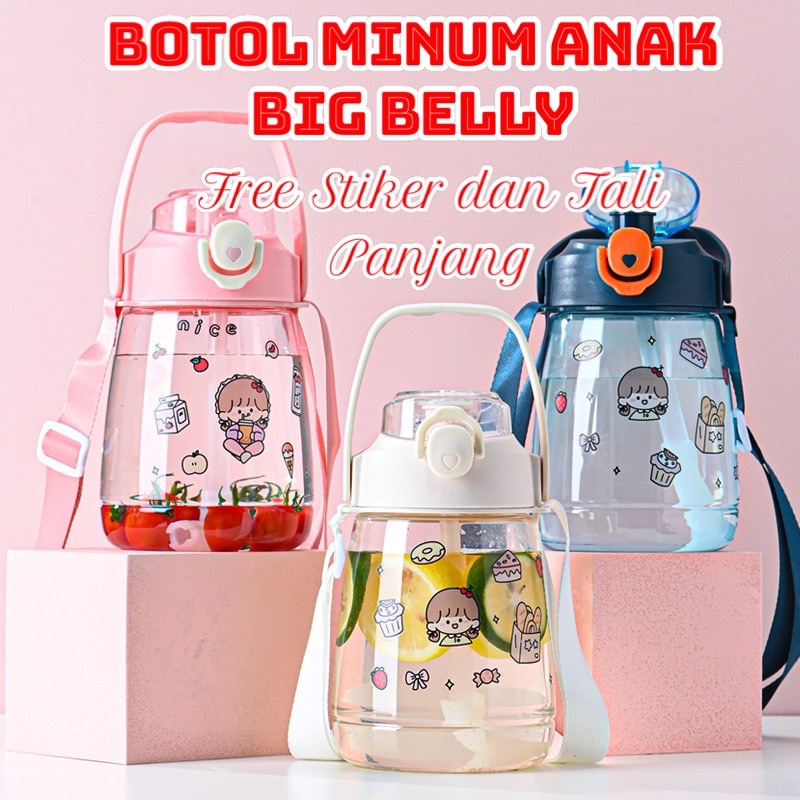 AZ Botol Air Minum Anak Big Belly+ Stiker + Tali Panjang / Botol sedotan