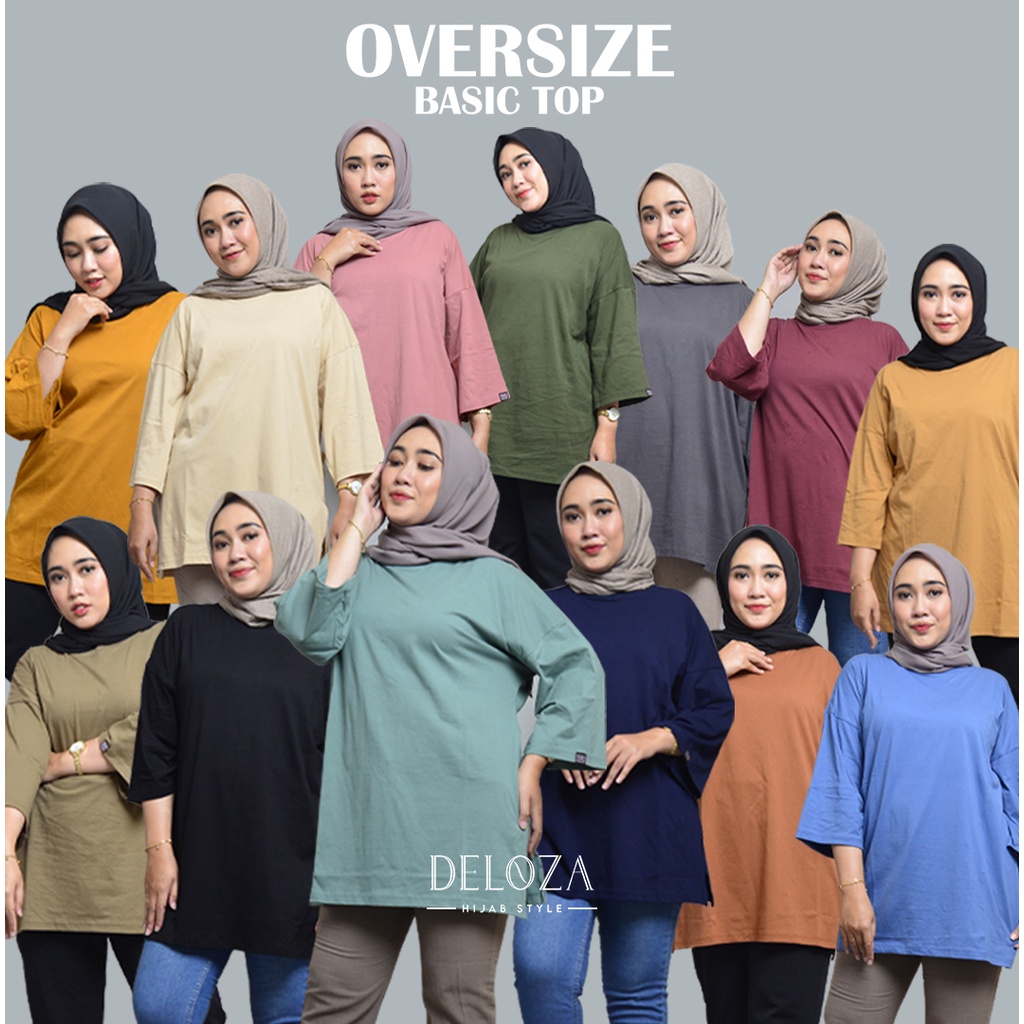 Deloza Basic Oversized Top Kaos Polos NonBusui Hijab Friendly Lengan 7/8