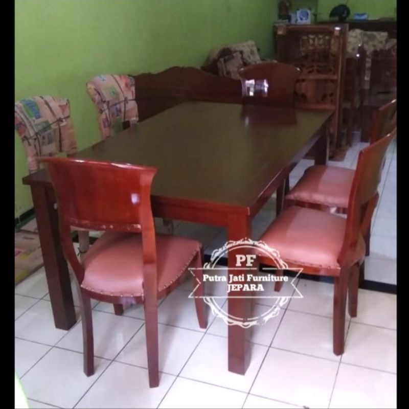 Meja makan panjang simpel kursi 6 + busa dudukan bahan kayu jati
