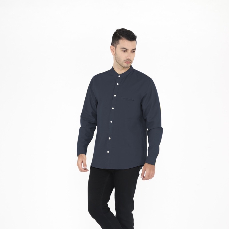 Yobebee Kemeja Pria Dewasa Linen Tangan Panjang Baju Muslim Atasan Polos Slim Fit Kemeja Koko Chiangi Kerah Laki Laki Baju Couple Anak dan Ayah-Navy
