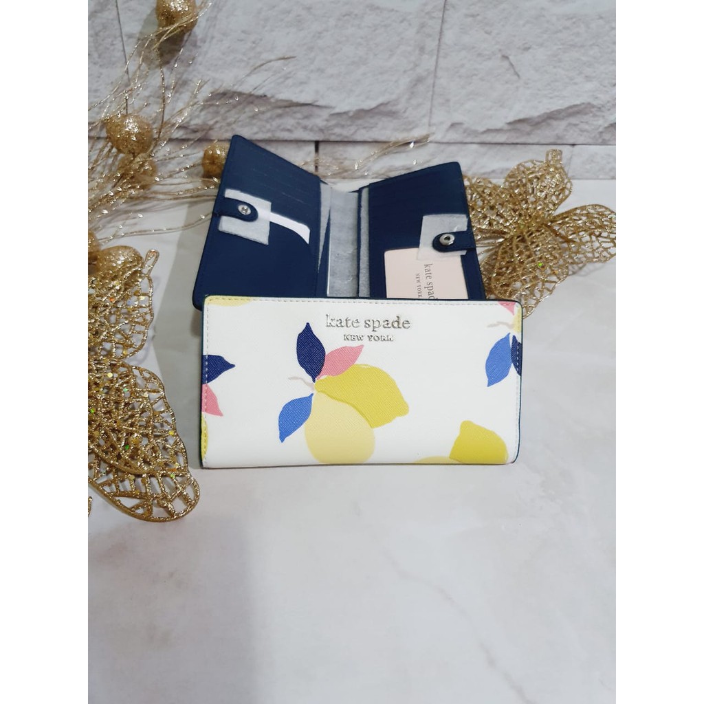 dompet kate spade large slim wallet cameron lemon zest white multi new original