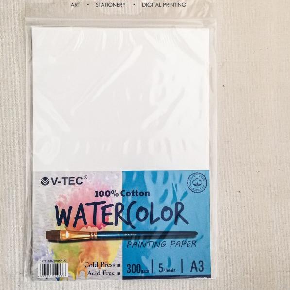 

● V-TEC Watercolor Paper 300 gsm A4/A3 Cold Press Lembaran - WCB103001-A5 ❃