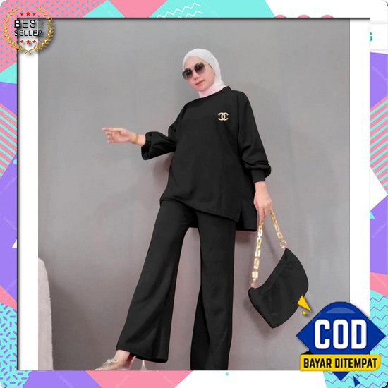 ☂ One Set Vest Setelan Wanita One Set Reina Span Manset Overall Kriwil Stelan Rona Jumbo Hitam [Se