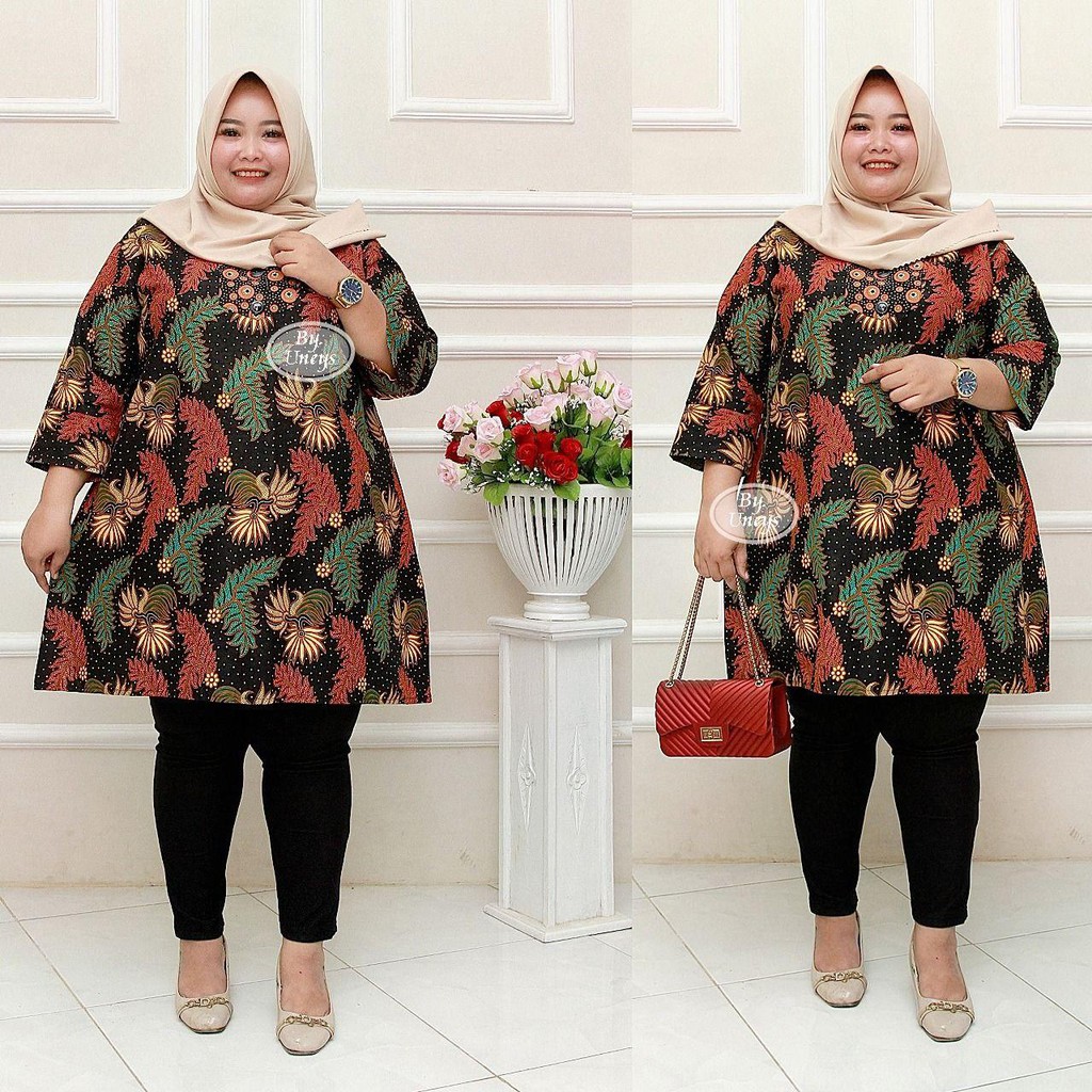 Tunik Batik Wanita Ukuran Jumbo LD 140cm Resleting Belakang Bahan Katun Adem Di Pakai Serap Keringat